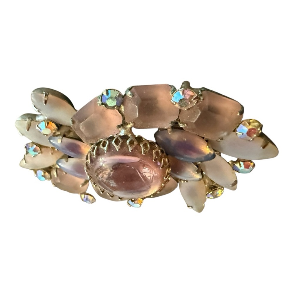Large Vintage‎ Pink White Faux Cat Eye AB Rhinestone Brooch - Picture 3 of 5